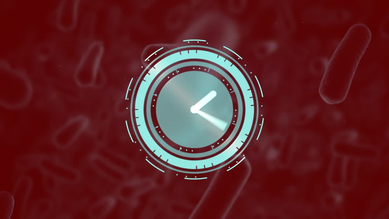 Animation of blue timer spinning over biological cells floating against brown background