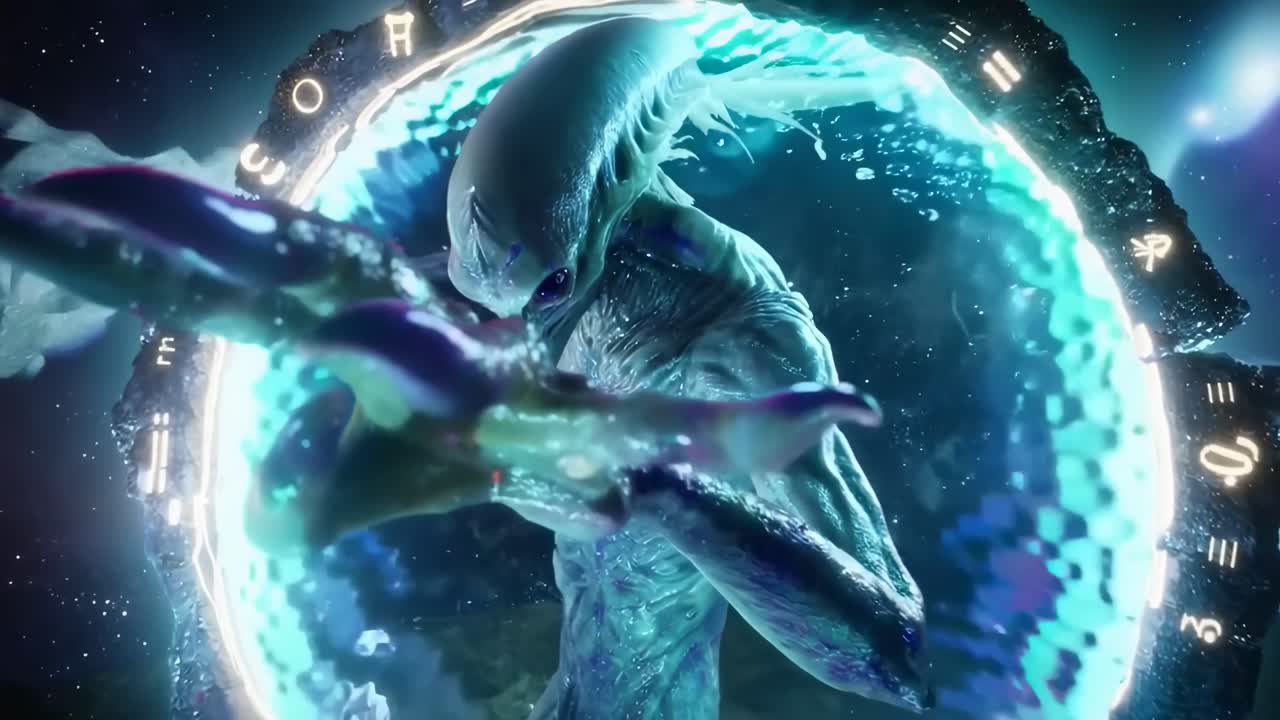 Alien creature emerging from a glowing portal, captured in a dynamic low-angle video shot