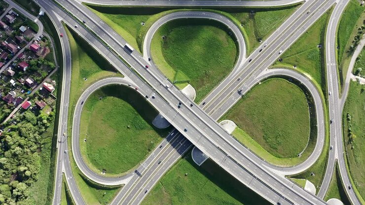 Multilevel ring road, intersection of traffic flows. Aerial view. Russia, Kaliningrad.