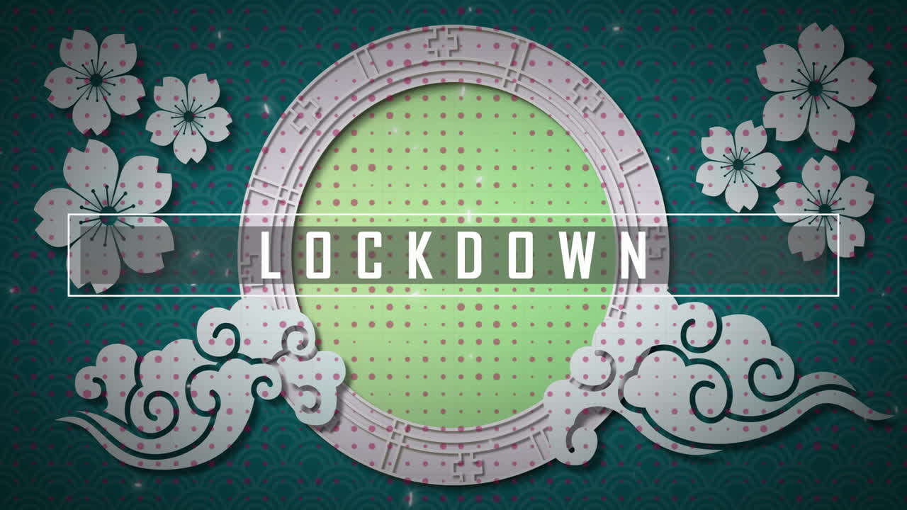 Animation of floral and cloud designs on patterned background with lockdown text