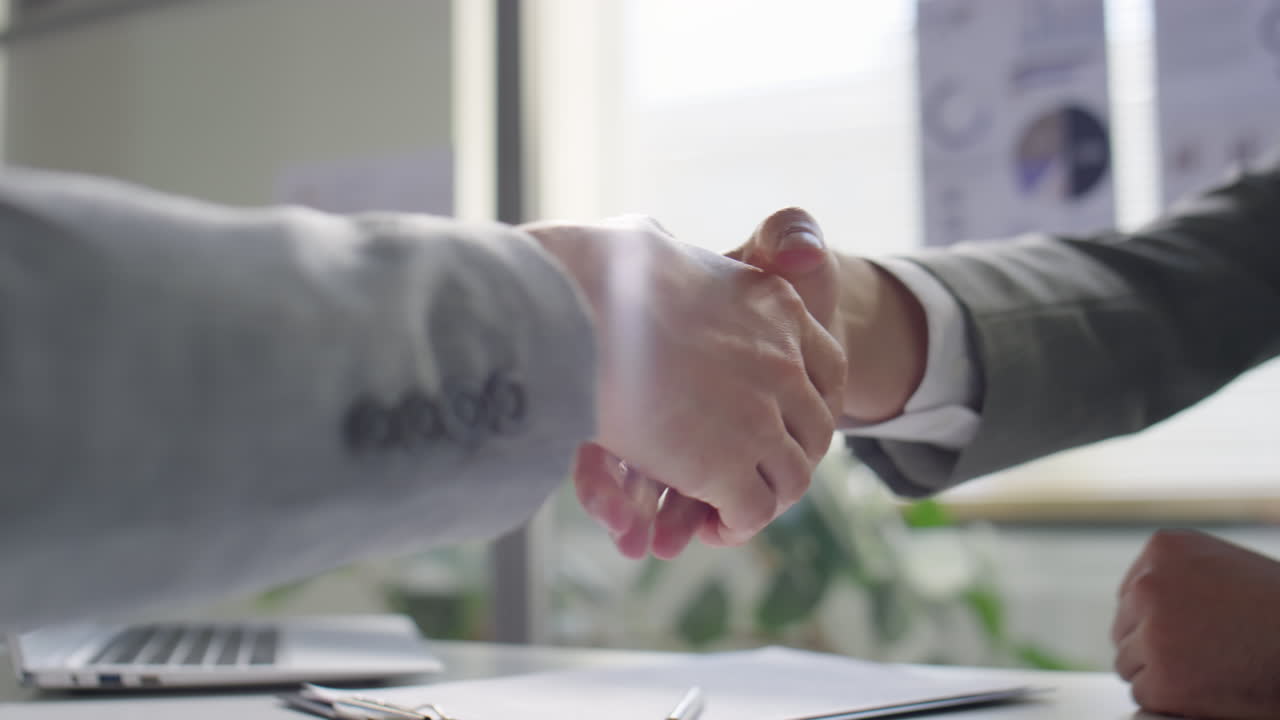 Handshake of Two Male Colleagues in Office