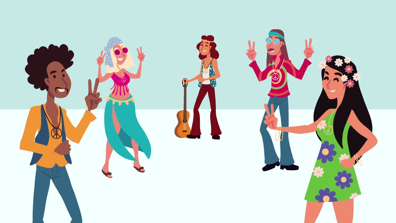 grupo de hippies personajes jóvenes