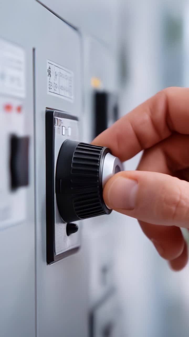 Close-up of a Hand Adjusting Control Knob on an Electrical Device, Illustrating Precision and Mechanical Interaction in a Modern Setting