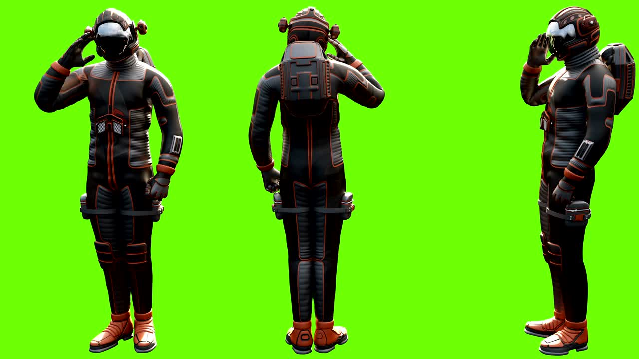 Sci fi man salutes. Loopable animation on green screen. 4k.