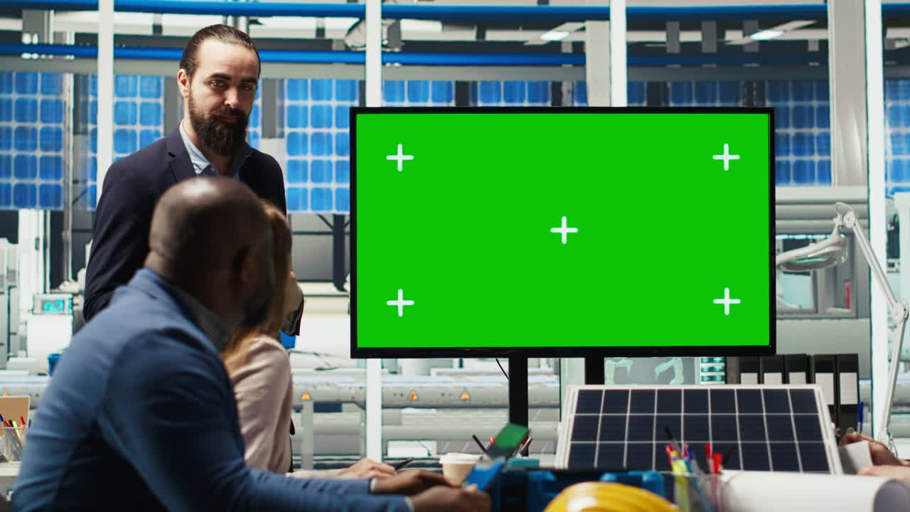 Photovoltaics Plant Researchers Evaluating Energy Production On Mockup Monitor