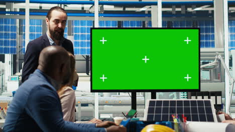 onderzoekers van fotovoltaïsche installaties evalueren de energieproductie op een mock-upmonitor