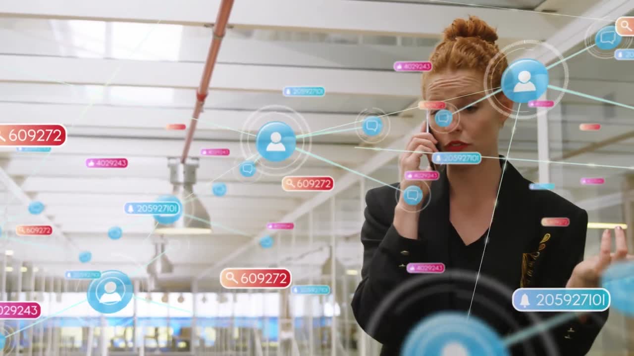 Animation of connected icons, notification bars, caucasian businesswoman talking on cellphone