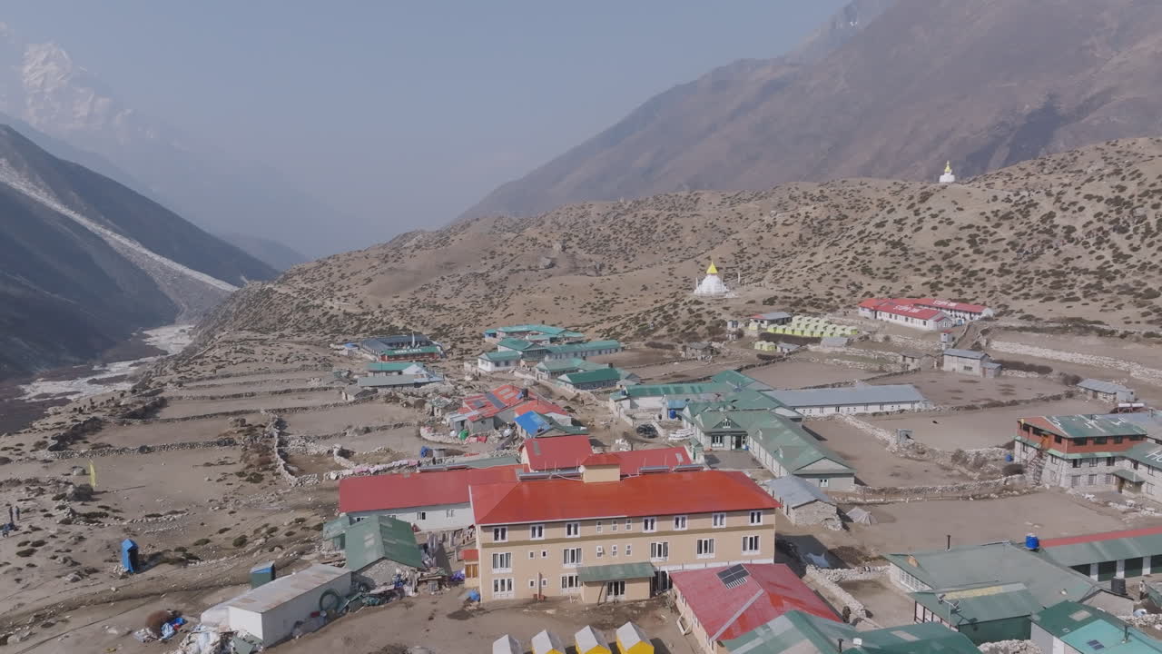 Drone shot of Dingboche village at 4,410m in Nepal’s Khumbu region. A high-altitude settlement with diverse colorful houses surrounded by 8000m Himalayan peaks, reflecting lifestyle and travel beauty