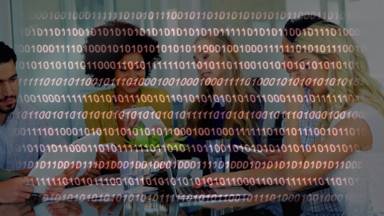 Animation of data processing over diverse business people at office