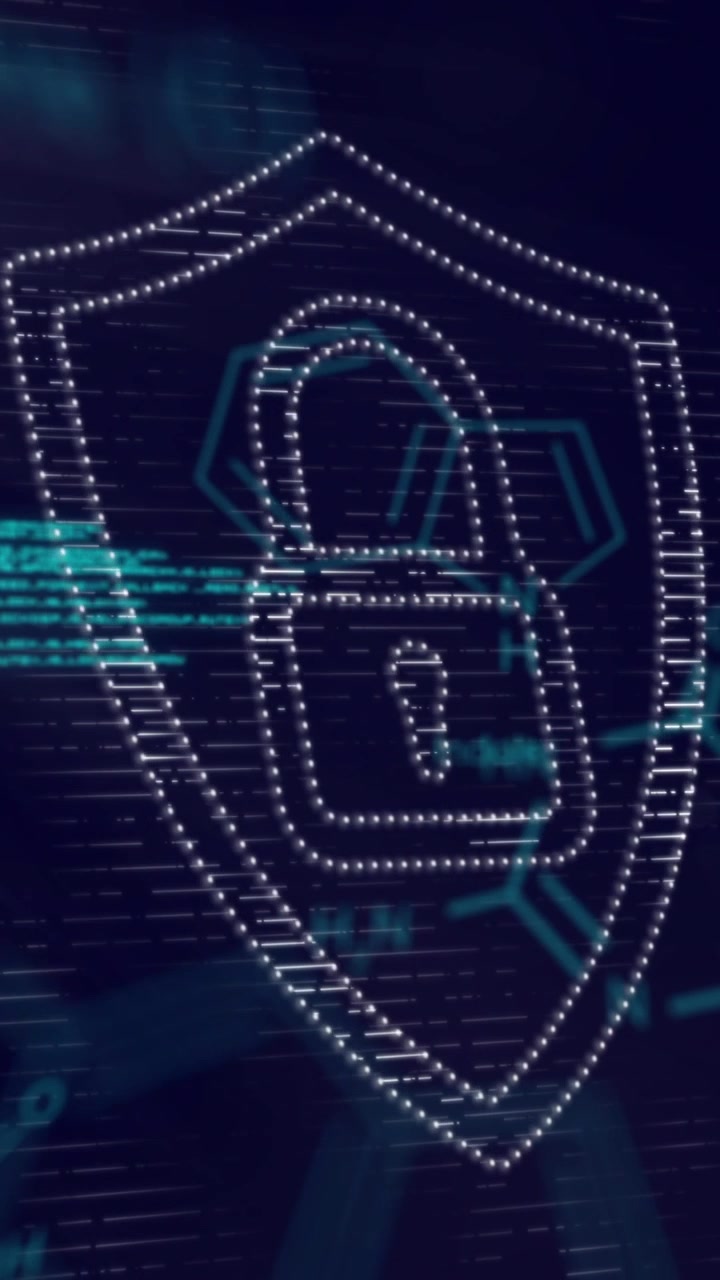 Digital lock and shield security animation over chemical formulas background