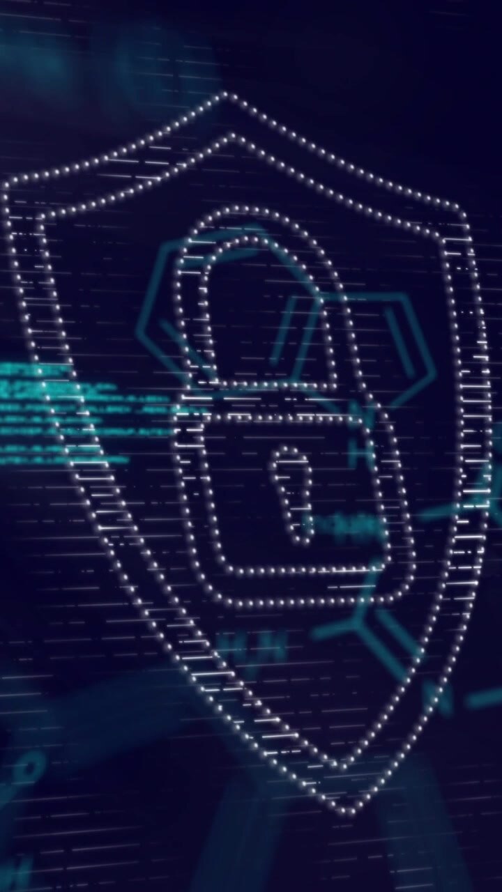 Digital lock and shield security animation over chemical formulas background