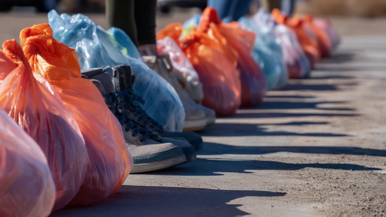 Colorful Plastic Bags Lined Up with Footwear: A Visual Reflection on Waste and Environment in Contemporary Practices of Reusing and Recycling Materials for Sustainability