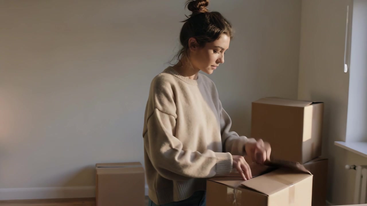 Reaching for keys, woman in beige sweater moving to boxes at apt window, unpacking ceramic cups