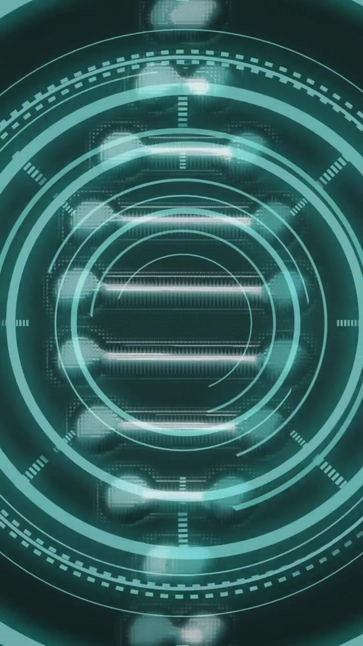 Futuristinen digitaalinen käyttöliittymä pyörivillä ympyröillä ja datan visualisointianimaatiolla