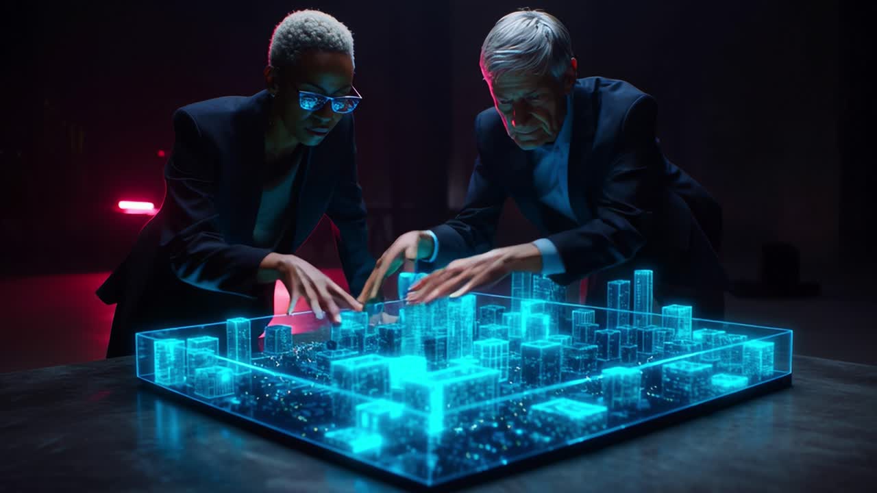 Two Innovators Analyzing a Futuristic 3D Holographic City Model, Deep in Thought About Urban Development, Technology, and Future Possibilities in a Darkened Studio