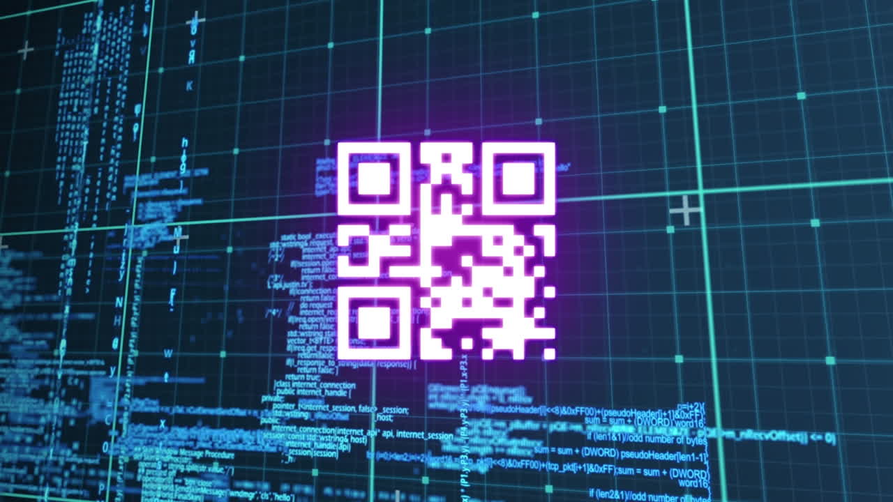 animación del código qr sobre el procesamiento de datos en fondo negro