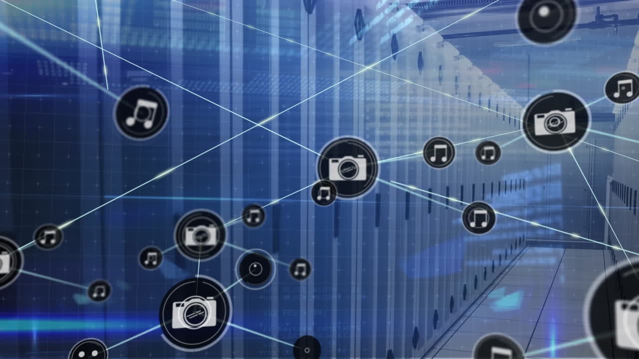 Animation of connected icons over computer language against server room in background