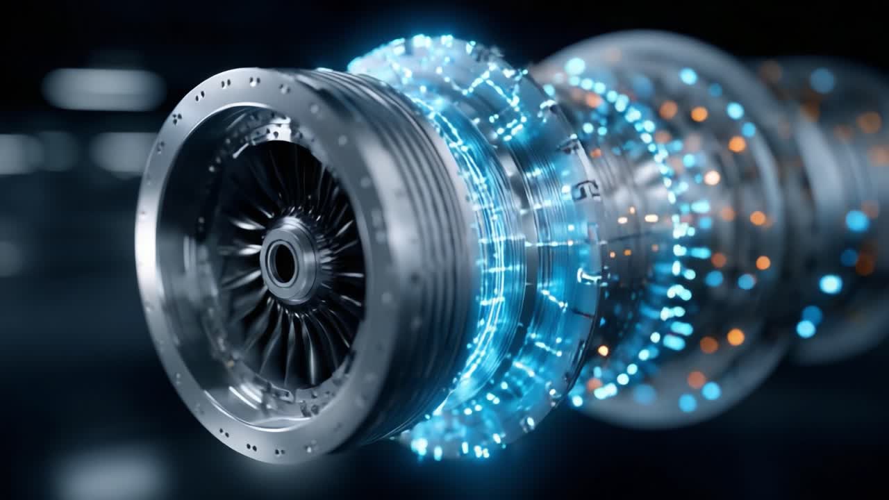 Stunning Close-Up of a High-Tech Turbine Engine Component with Dynamic Light Effects Showcasing Advanced Engineering and Precision Manufacturing Techniques