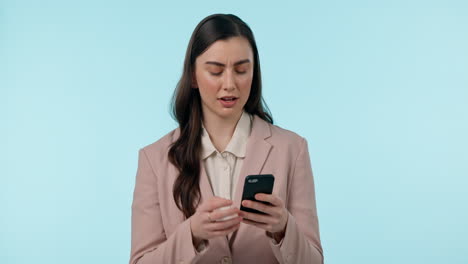 Stress,-cellphone-and-businesswoman-in-a-studio