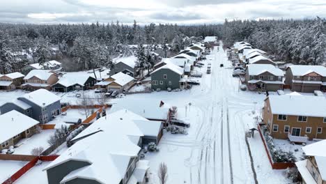 aerial view of a suburban middle class neighborhood covered in snow