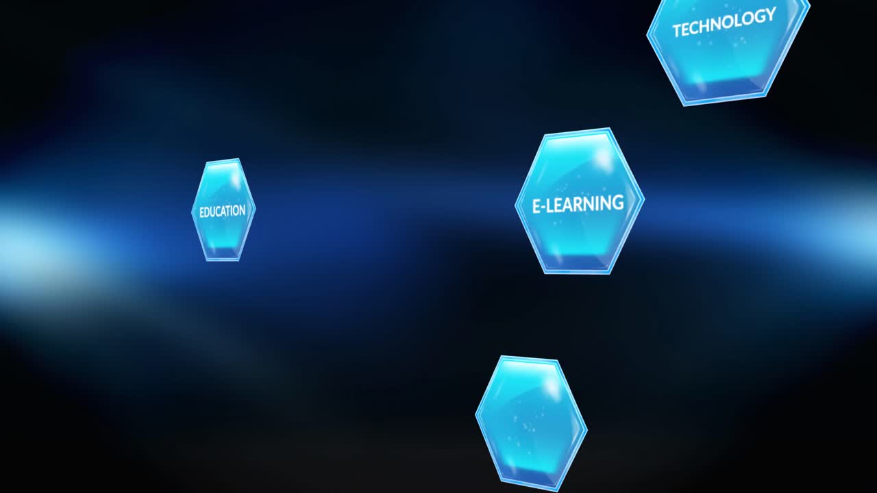 Animation of education and learning text on blue hexagons on blue background