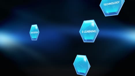 animation of education and learning text on blue hexagons on blue background
