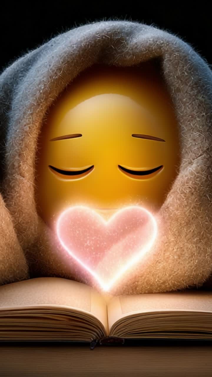 Et hyggeligt udtryk for varme og kærlighed: En emoji pakket ind i et tæppe, der udsender hjerteglød over en åben bog, fremkalder komfort og hengivenhed i en fredfyldt atmosfære