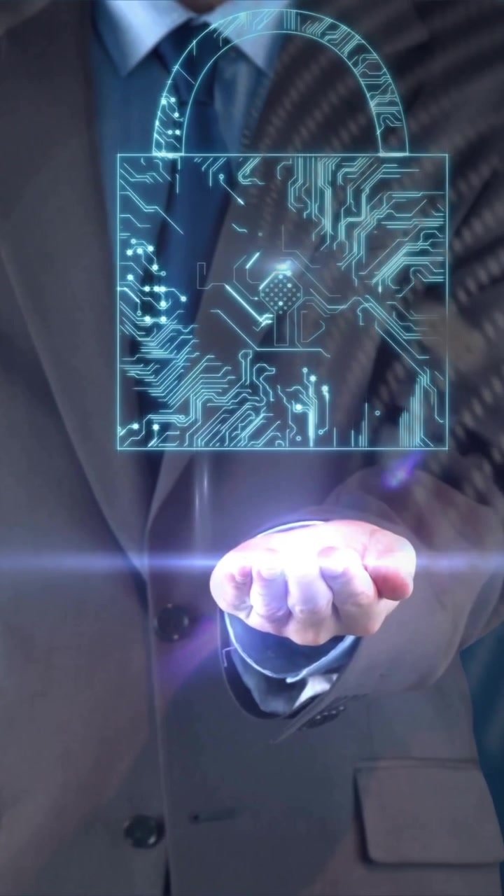Holding digital padlock hologram, businessperson representing data protection and cybersecurity