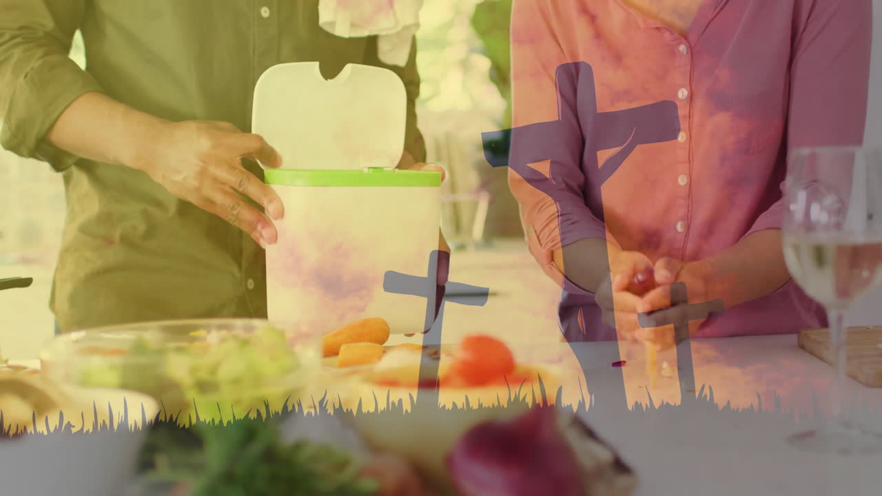 Preparing food in kitchen, cross animation over people chopping vegetables