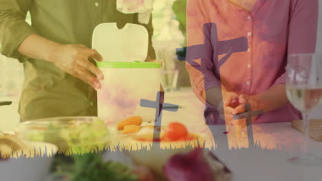 preparing food in kitchen, cross animation over people chopping vegetables