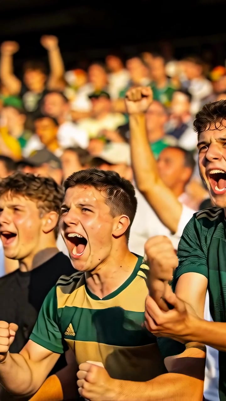 Video vertical: Aficionado adolescente gritando con camiseta verde reaccionando a un momento del partido en las gradas, levantando el puño.