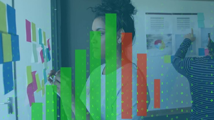 Animation of bar graph, falling binary codes over biracial woman sticking notes on transparent wall