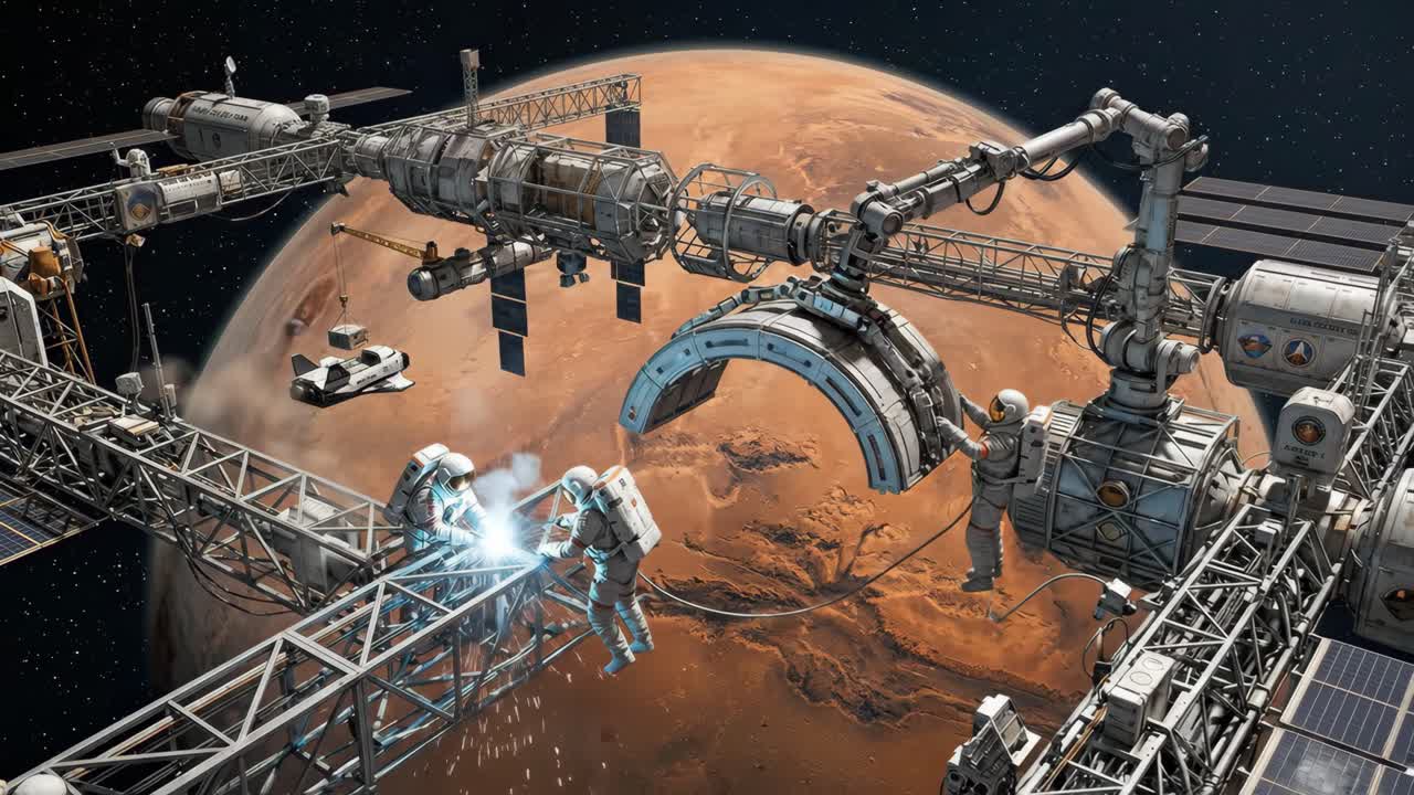 Astronautas Construindo uma Estação Espacial em Órbita ao Redor de Marte