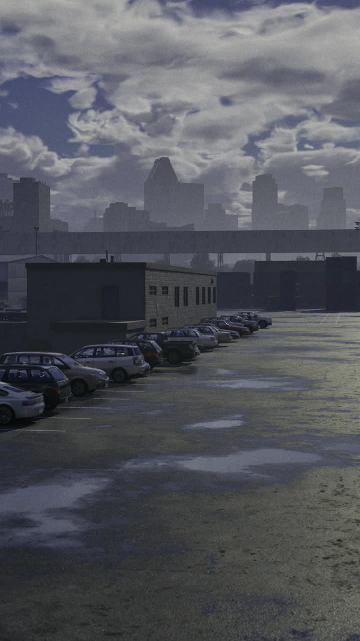 Urban landscape at dusk with parked cars and skyline silhouette