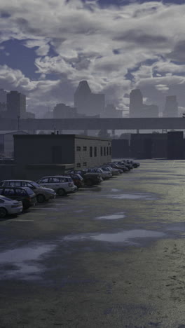urban landscape at dusk with parked cars and skyline silhouette
