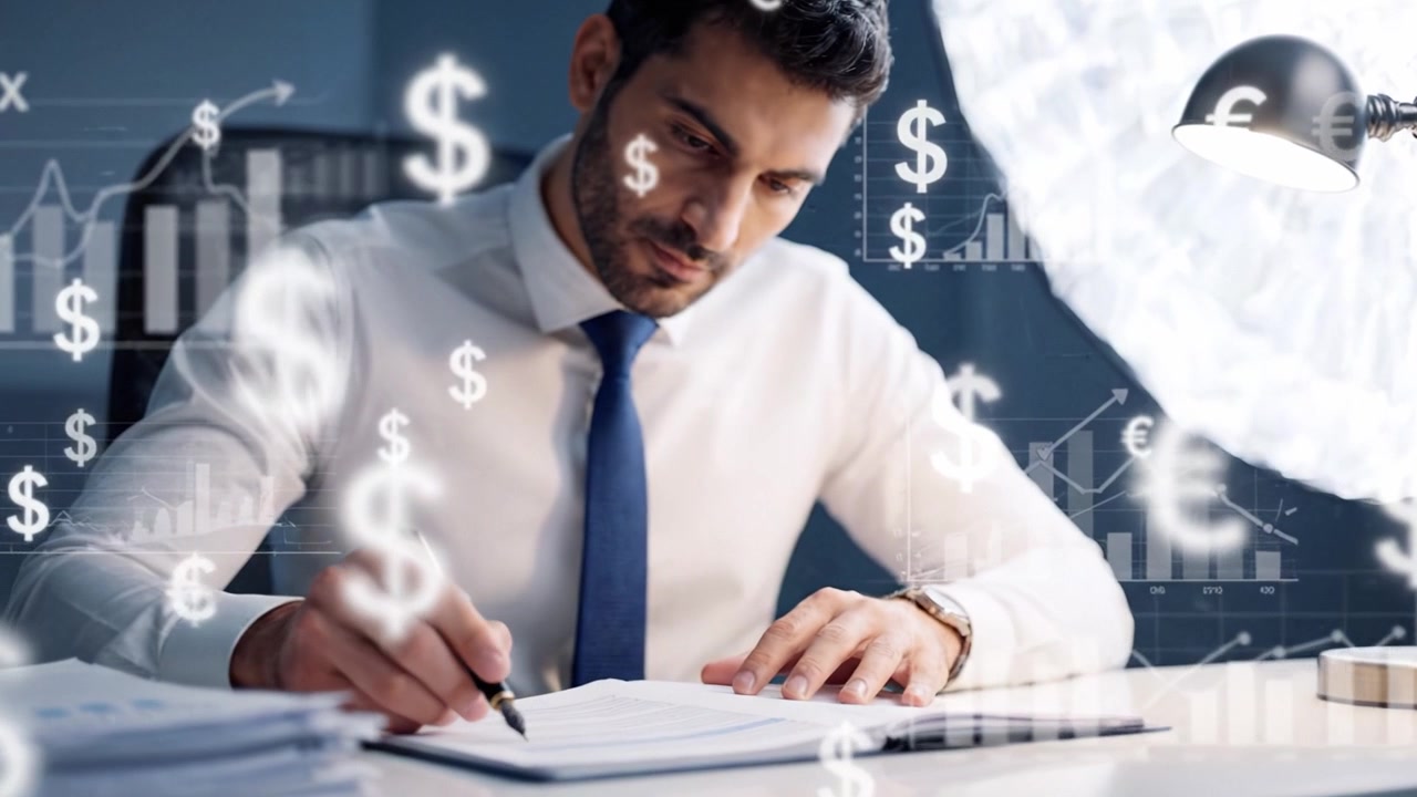 Profesional concentrado analizando datos y trabajando en documentos financieros en un entorno de oficina moderno con iluminación eficiente y un espacio de trabajo organizado.