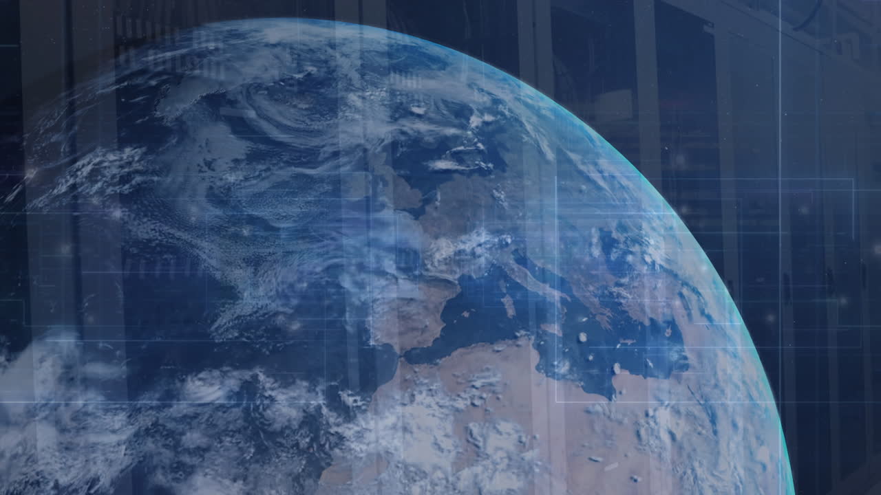 анимация соединяющих точек по всему миру против компьютерного серверного помещения