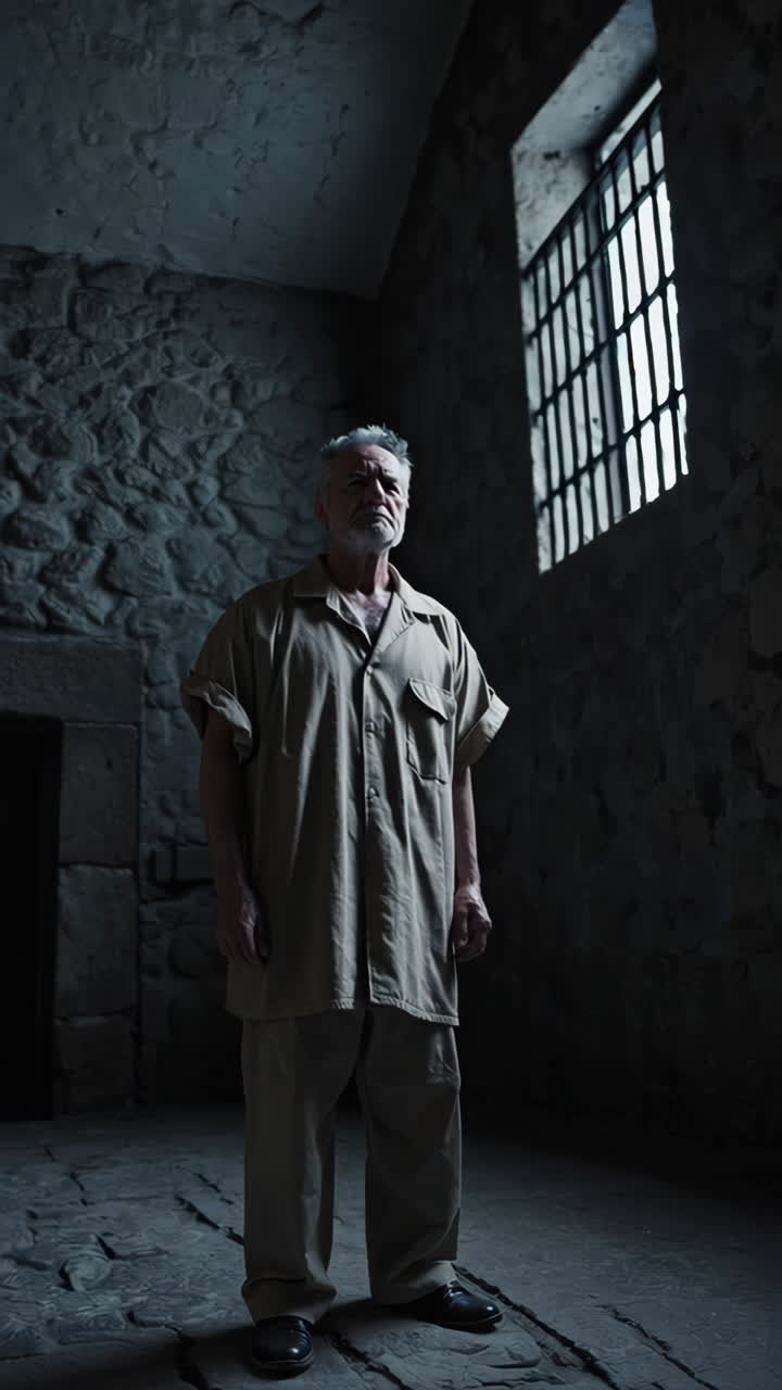 Elderly Prisoner in a Dark Cell