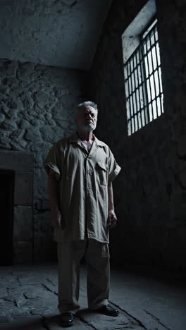 elderly prisoner in a dark cell