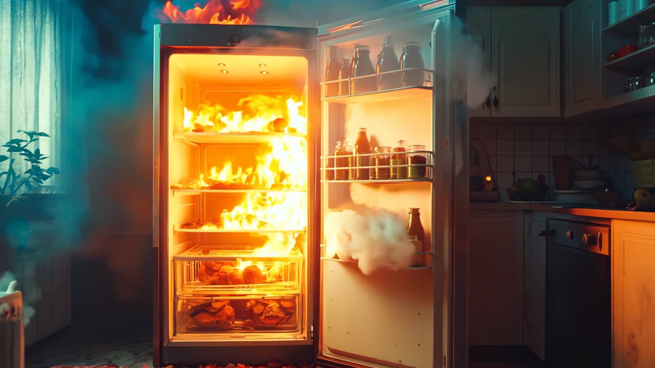 방 한가운데에 불타는 열린 냉장고를 가진 부