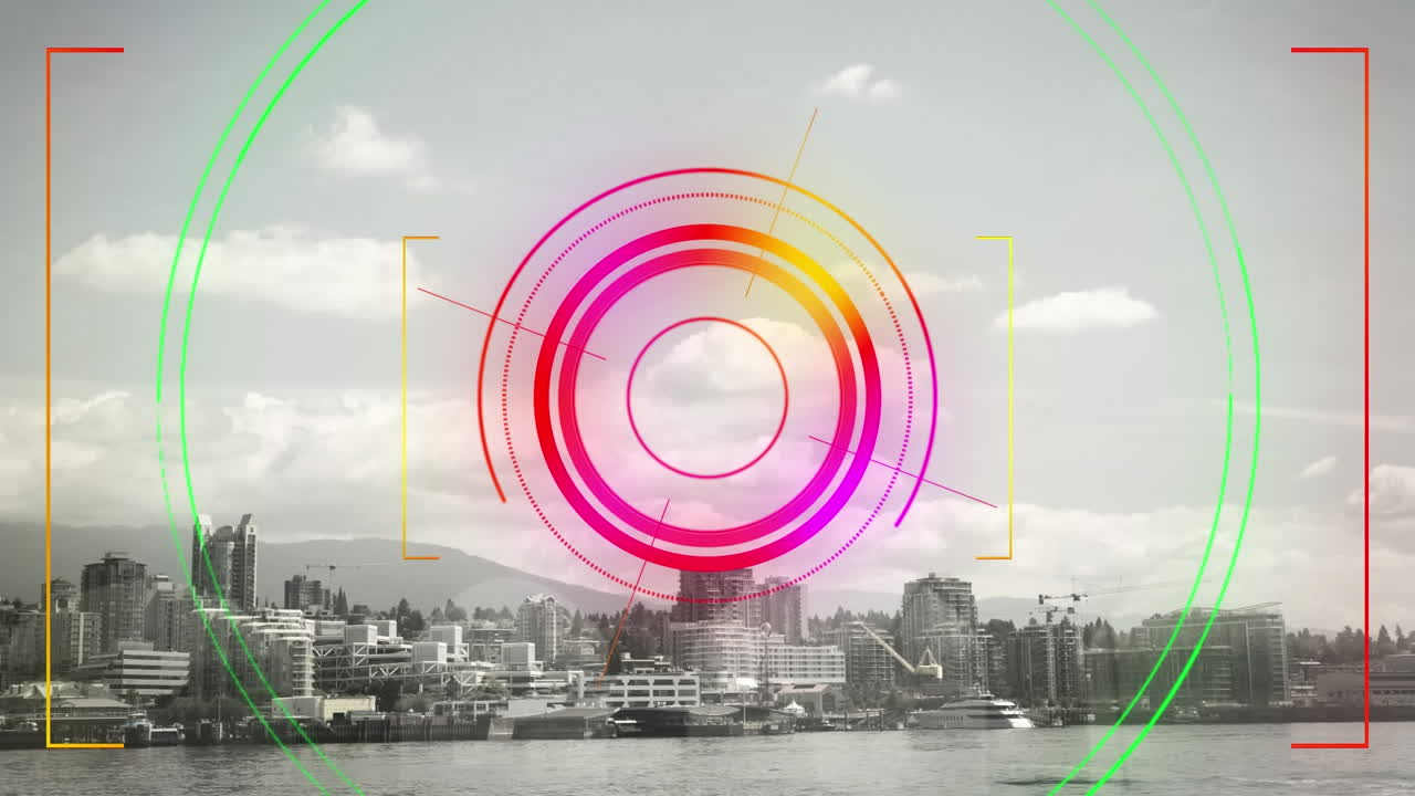 Animation of data processing, cityscape and connections