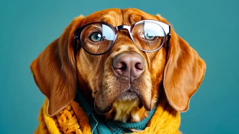 a dog wearing glasses and a scarf looking up at the camera