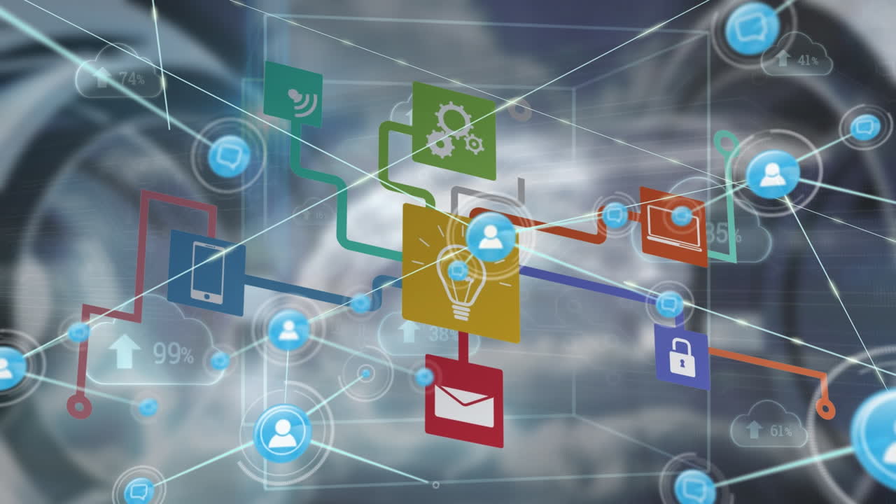 animación de la red de conexiones con iconos sobre el procesamiento de datos sobre fondo azul