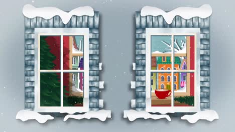 animation of snow falling and windows over houses and winter landscape at christmas