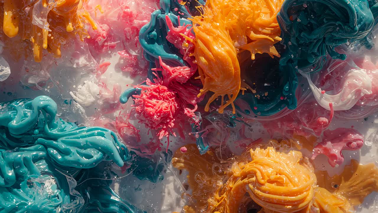 Descending pipette releasing turquoise fluid onto paint blobs in glass dish, fueling color blending