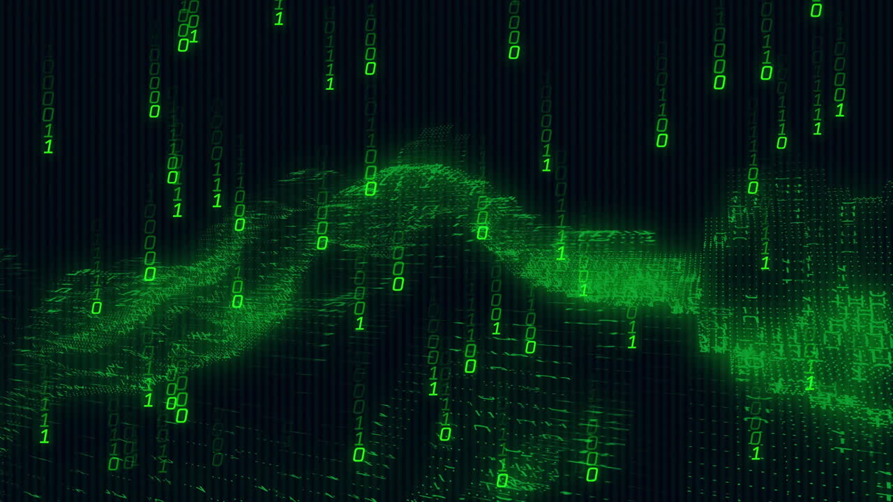 Binary code and digital wave animation over dark background
