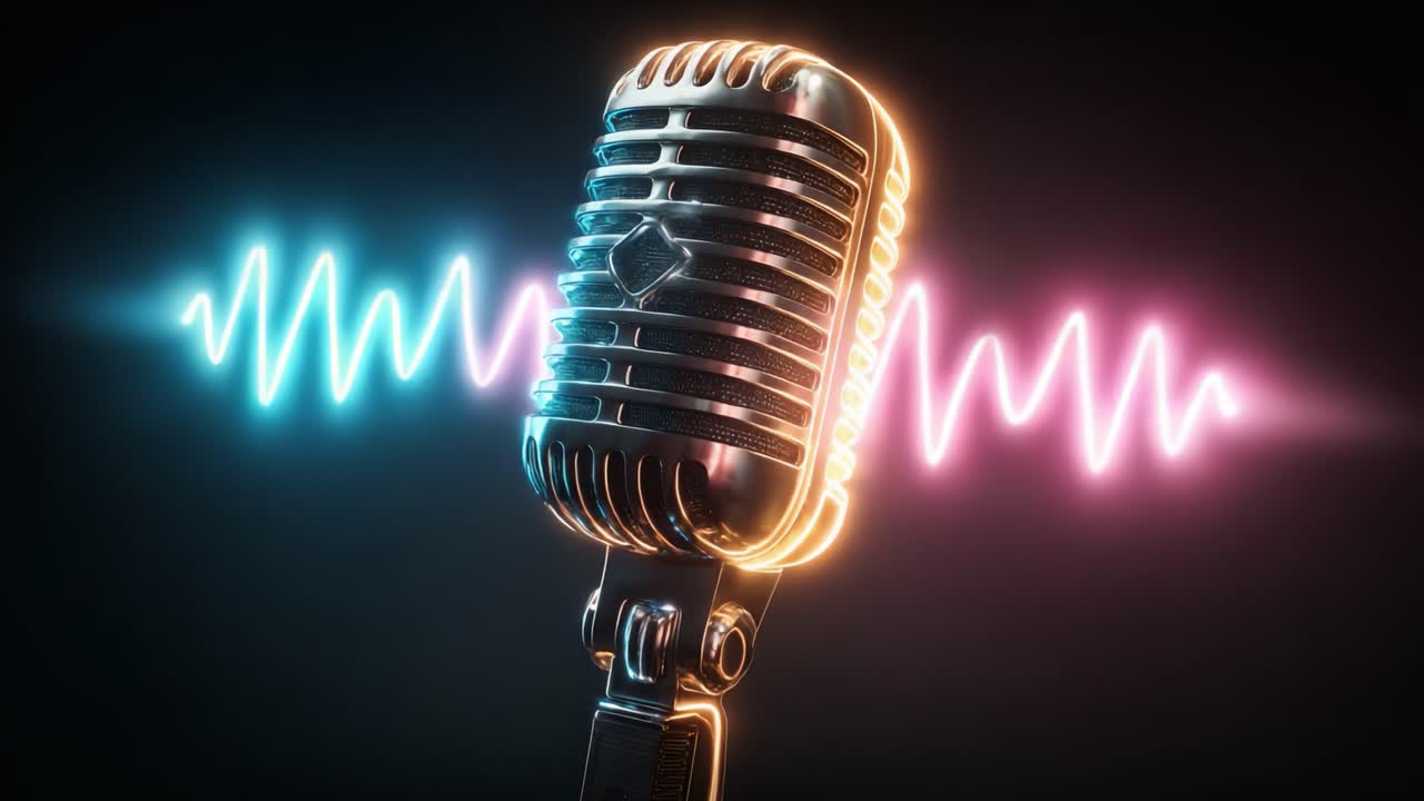 Una sorprendente rappresentazione visiva di un microfono vintage su uno sfondo dinamico a onde sonore, con vivaci effetti di luce blu e rosa