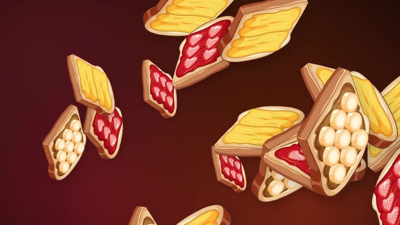 Cartoon toast slices with jam, butter, and banana toppings fall through a dark void.