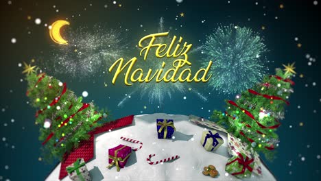 encantador gráfico en movimiento en 3d de un mini mundo nevado girando, con árboles saliendo de regalos y fuegos artificiales estallando en un cielo nocturno nevado y el mensaje "feliz navidad".