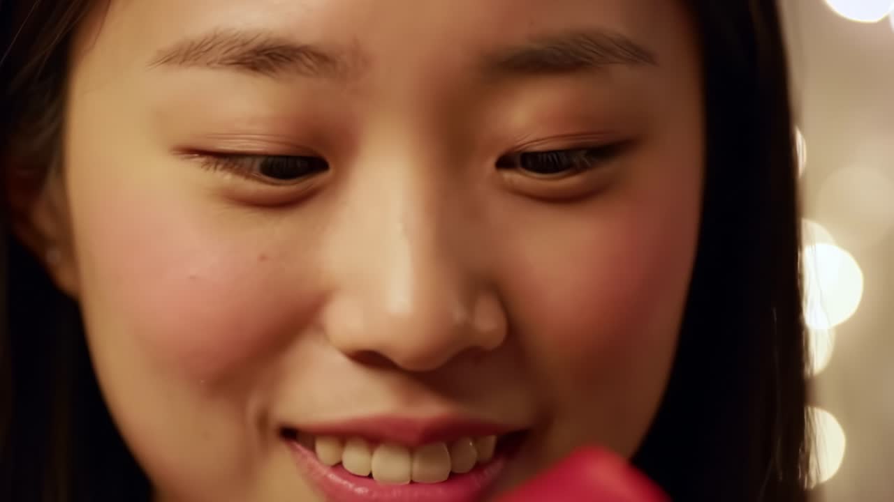 Young Woman Discovers Surprise Gift in Lively Setting at Night, Showcasing Joy and Excitement